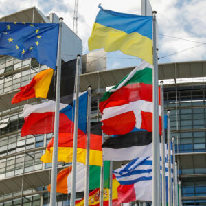 Countries' flags flying outside the European Parliament in Strasbourg