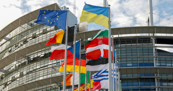 Countries' flags flying outside the European Parliament in Strasbourg