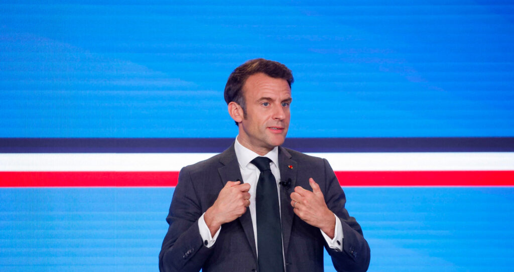 French President Emmanuel Macron speaks during a conference titled 'Accelerer notre reindustrialisation' (Speed Up our reindustrialization) with some representatives of French industry at the Elysee Palace in Paris, France, 11 May 2023.