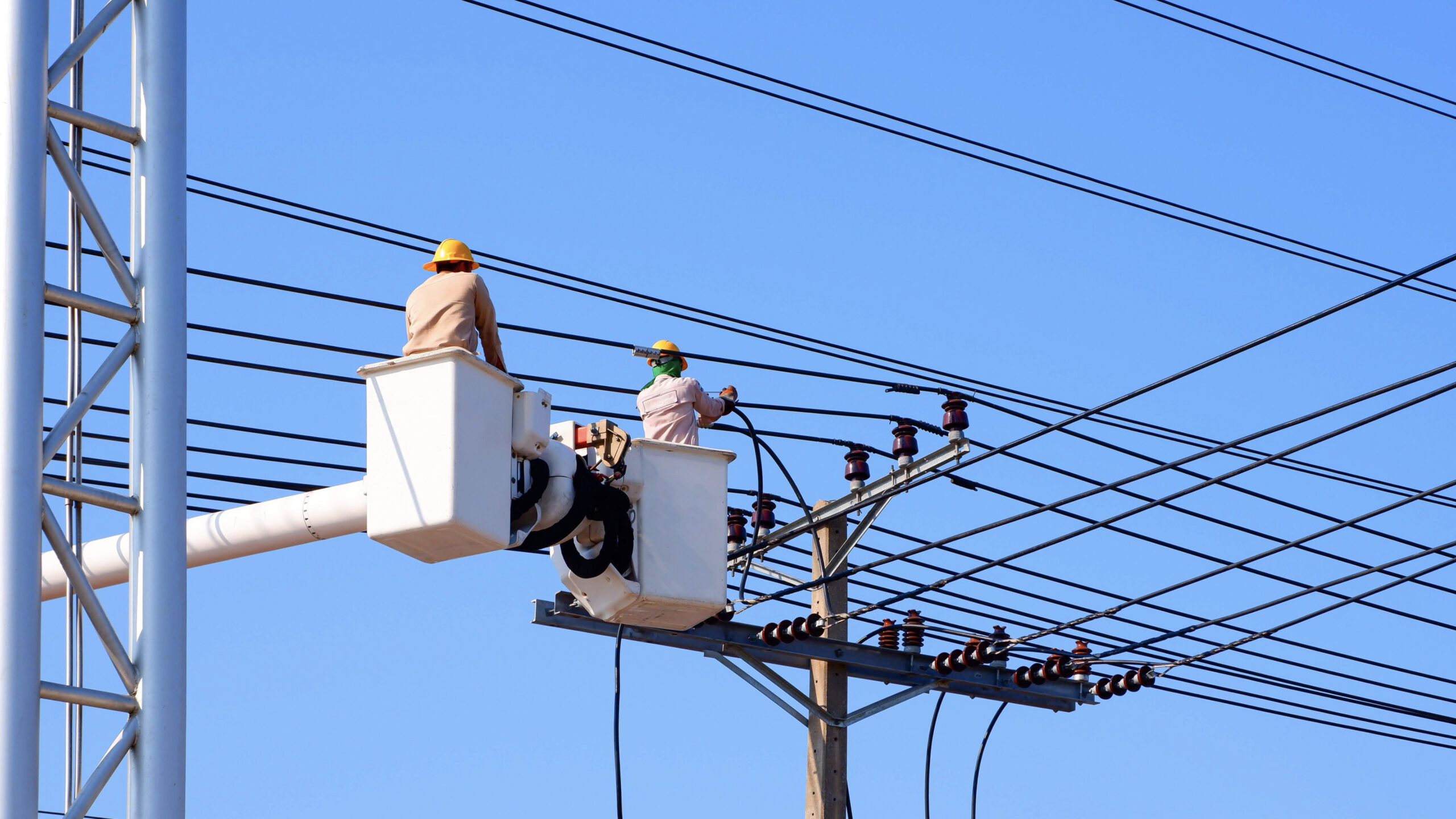 Electric grid pylon workers