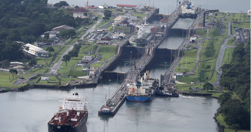 Ships pass through locks on Panama Canal