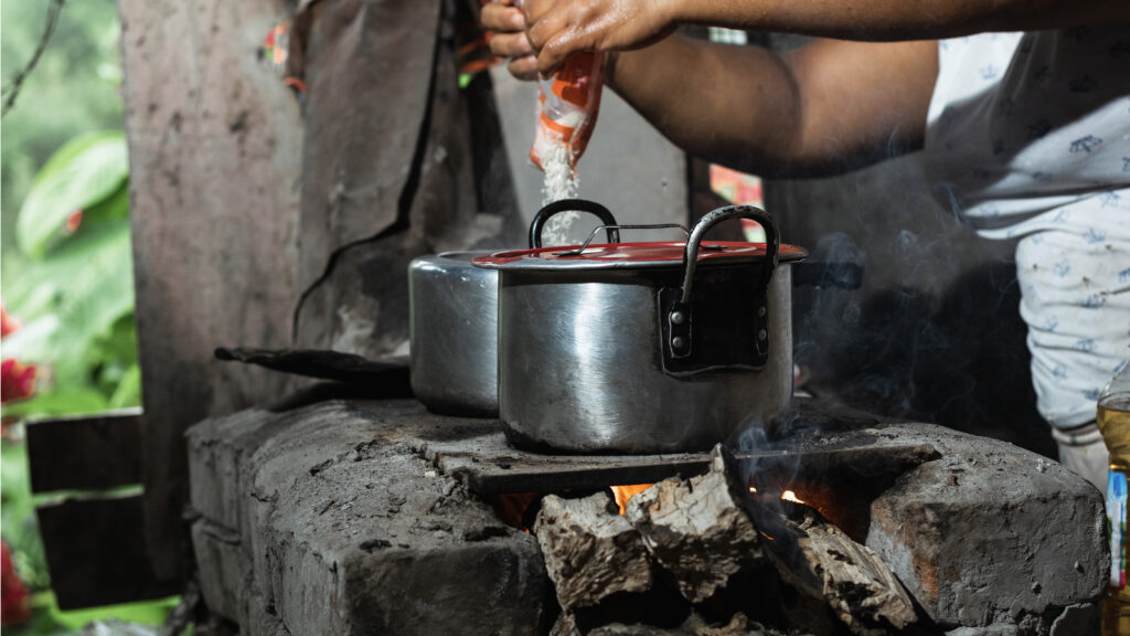 Woman cooking over traditional cookstove