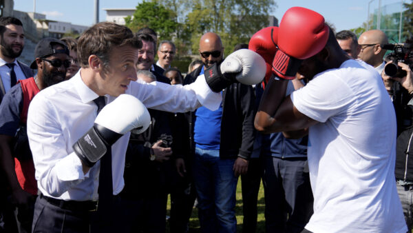 Emmanuel Macron boxing in April 2022
