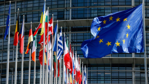 EU flags outside the European parliament