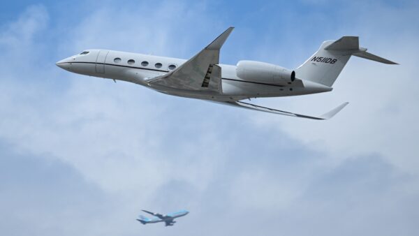 A Gulfstream G650 private jet takes off from Los Angeles International Airport